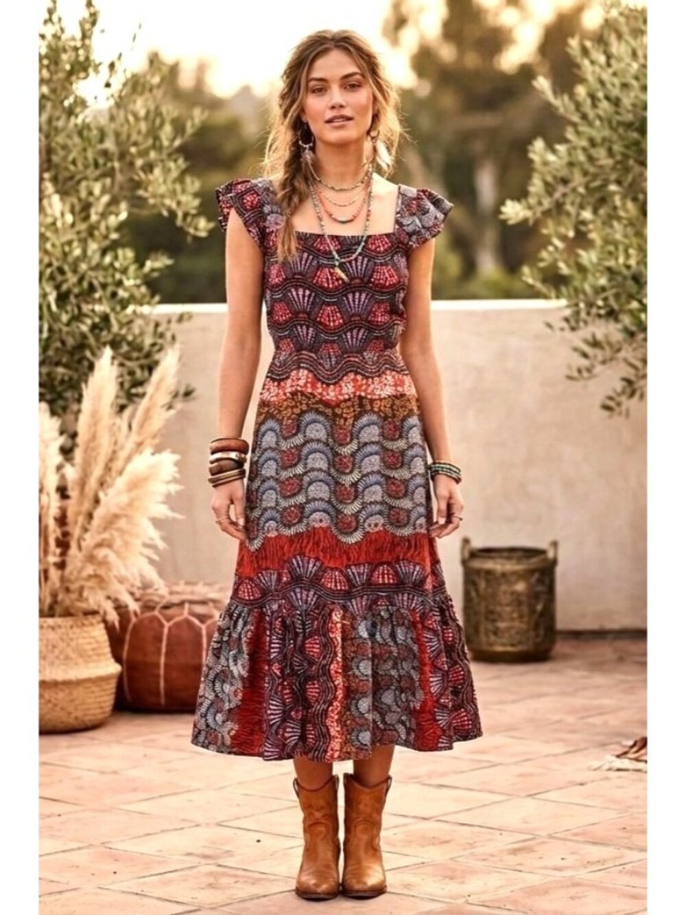Anthropologie Corey Lynn‎ Calter Doriane Tiered Midi Dress S Boho Festival Red